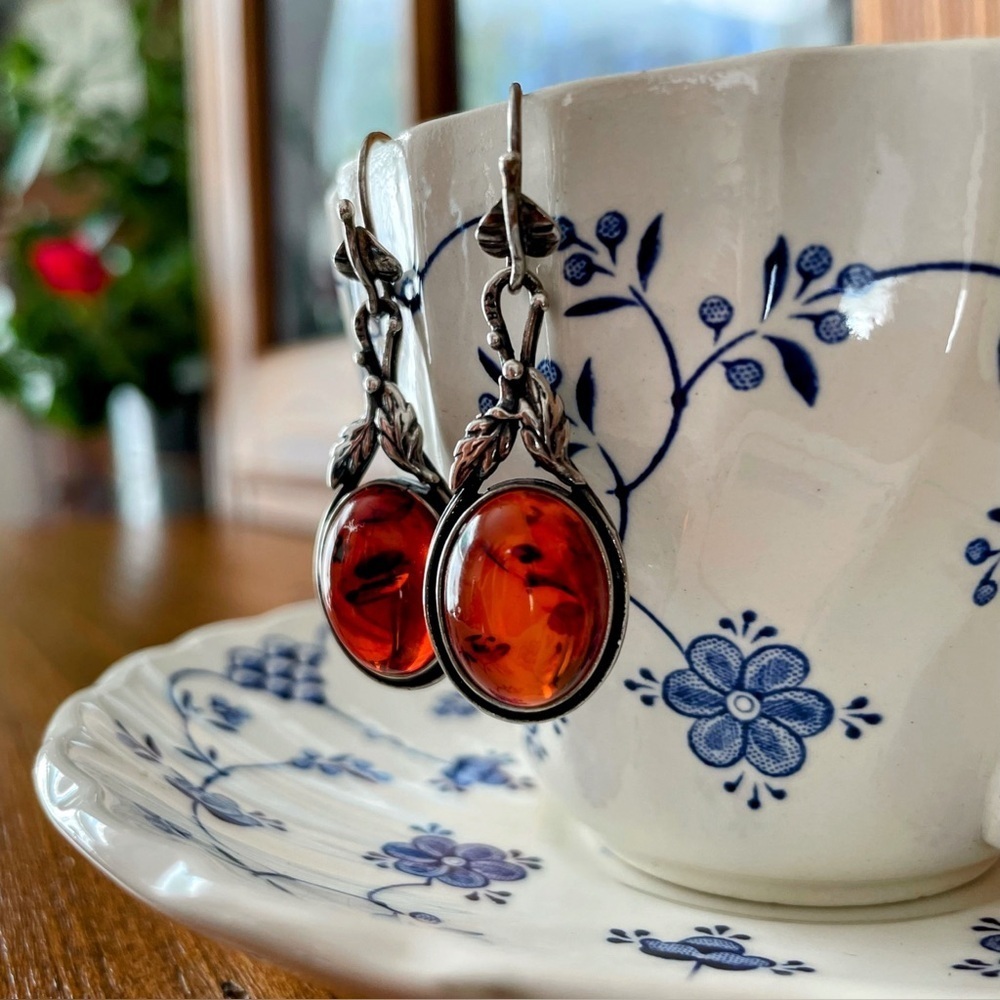 Antique Arts & Crafts Period Silver & Baltic Amber Cabochon Drop Earrings - Picture 5 of 7